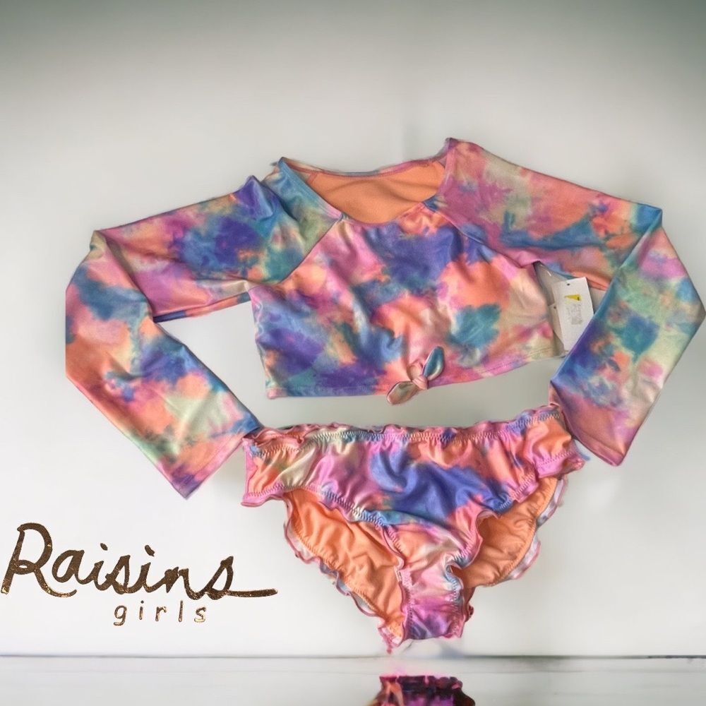 Raisins 2 Piece Tie-Dye Cropped Rash Guard Top Ruffled Bottom Size 14 (Big Girl)